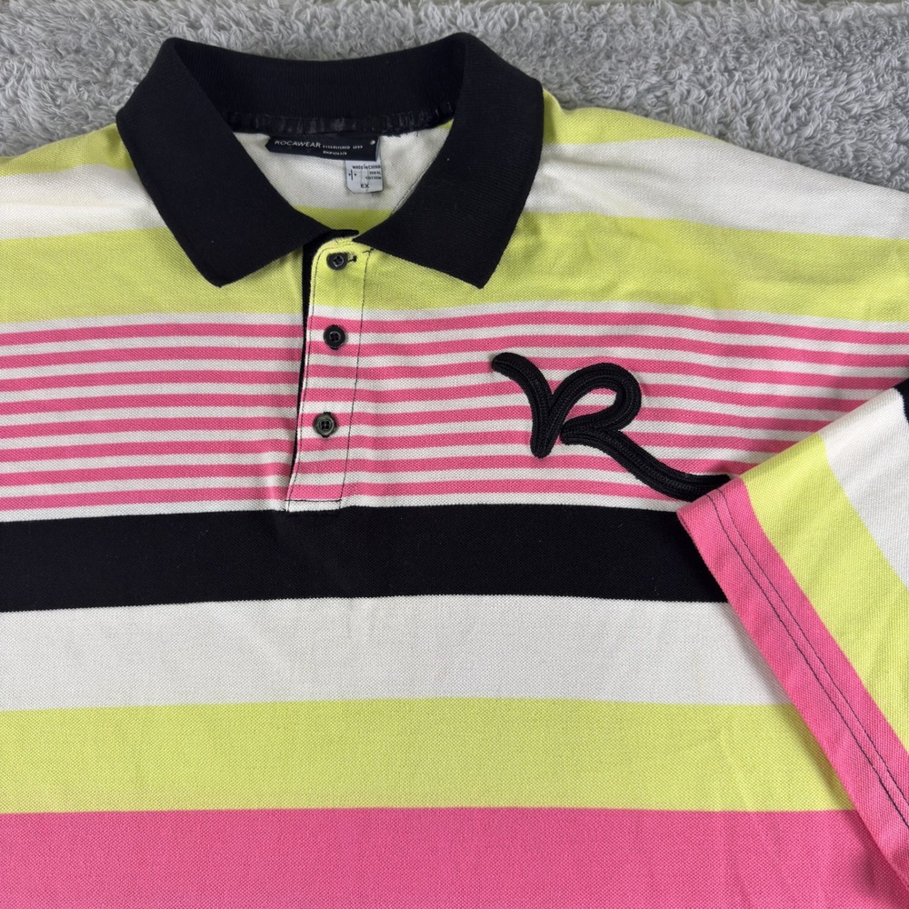 Rocawear Mens 6X Striped Polo Shirt Short Sleeve Black Pink Yellow Cotton Pique
